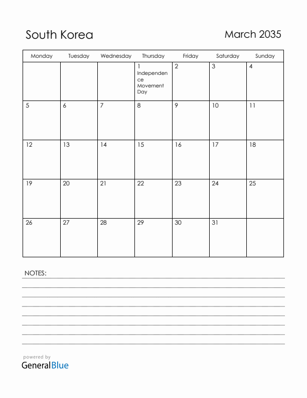 March 2035 South Korea Calendar with Holidays (Monday Start)