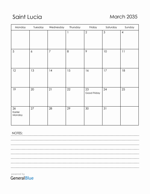March 2035 Saint Lucia Calendar with Holidays (Monday Start)
