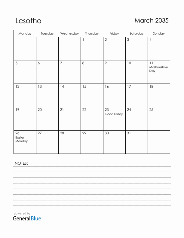 March 2035 Lesotho Calendar with Holidays (Monday Start)