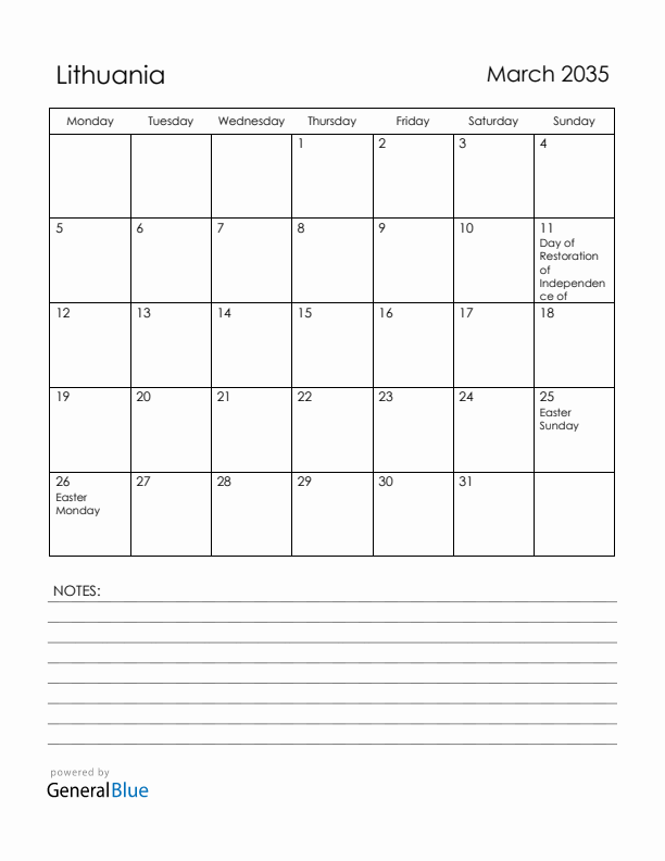 March 2035 Lithuania Calendar with Holidays (Monday Start)