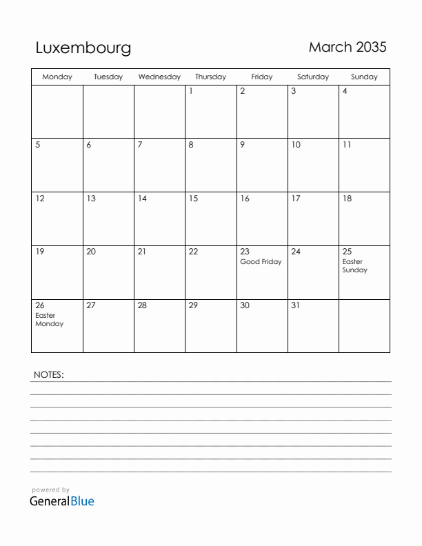 March 2035 Luxembourg Calendar with Holidays (Monday Start)