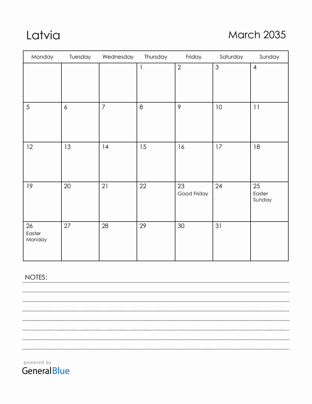 March 2035 Latvia Calendar with Holidays (Monday Start)