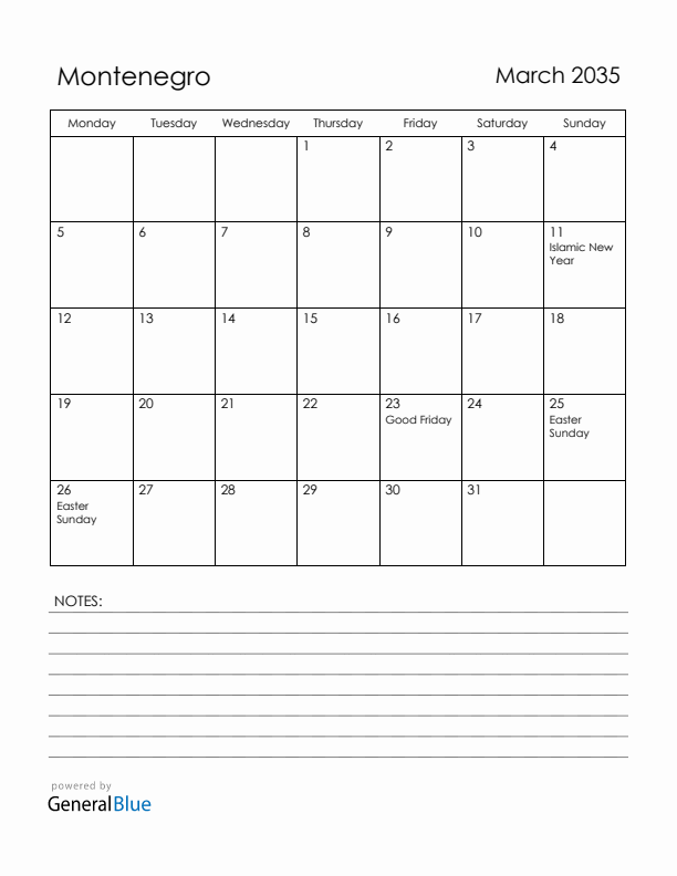 March 2035 Montenegro Calendar with Holidays (Monday Start)