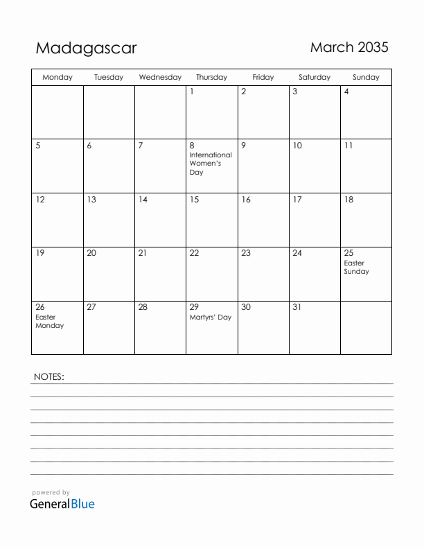 March 2035 Madagascar Calendar with Holidays (Monday Start)