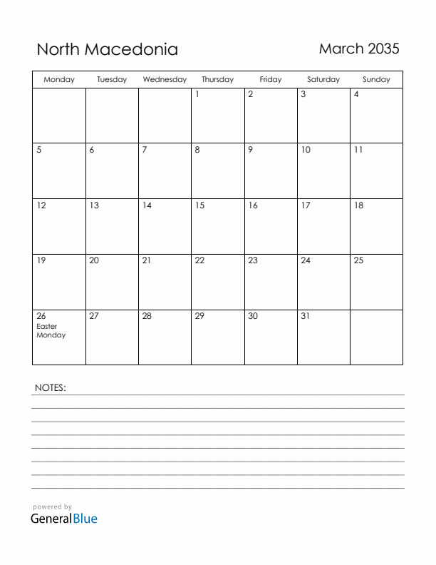 March 2035 North Macedonia Calendar with Holidays (Monday Start)
