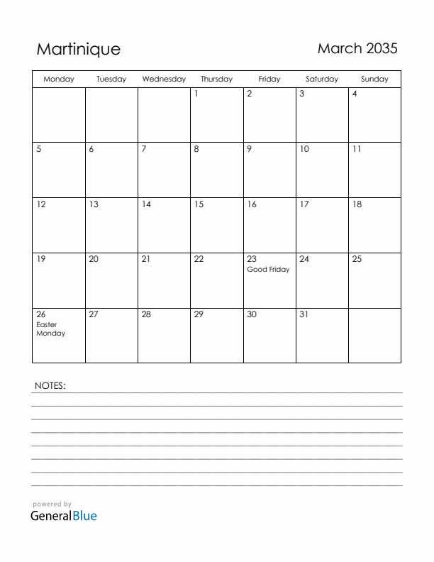 March 2035 Martinique Calendar with Holidays (Monday Start)
