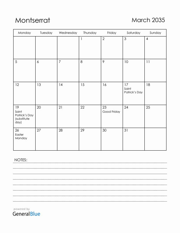 March 2035 Montserrat Calendar with Holidays (Monday Start)