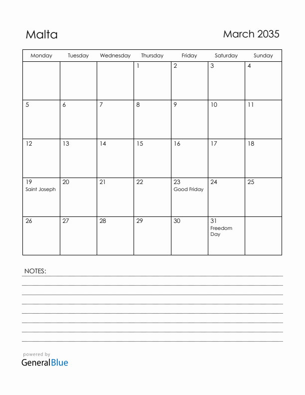March 2035 Malta Calendar with Holidays (Monday Start)