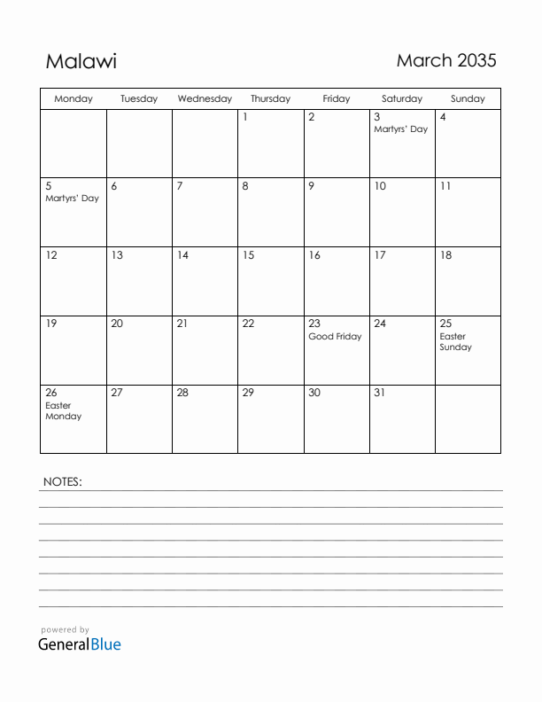 March 2035 Malawi Calendar with Holidays (Monday Start)