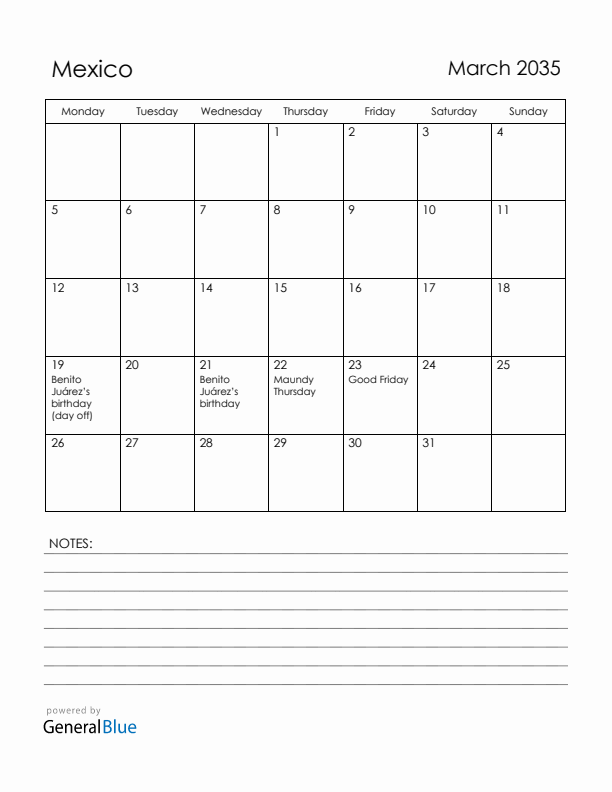 March 2035 Mexico Calendar with Holidays (Monday Start)