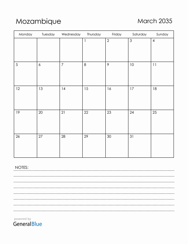 March 2035 Mozambique Calendar with Holidays (Monday Start)