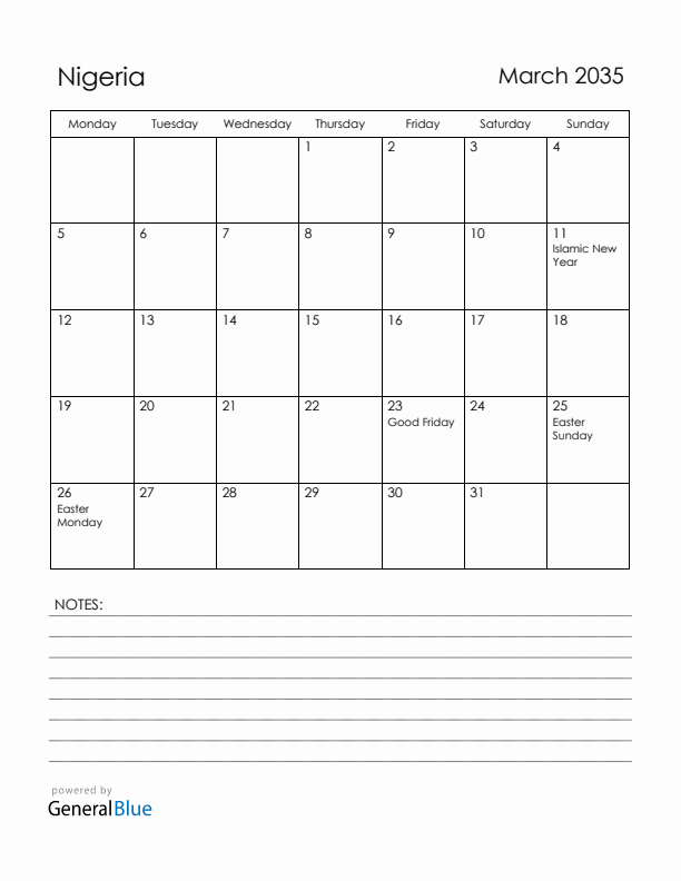 March 2035 Nigeria Calendar with Holidays (Monday Start)