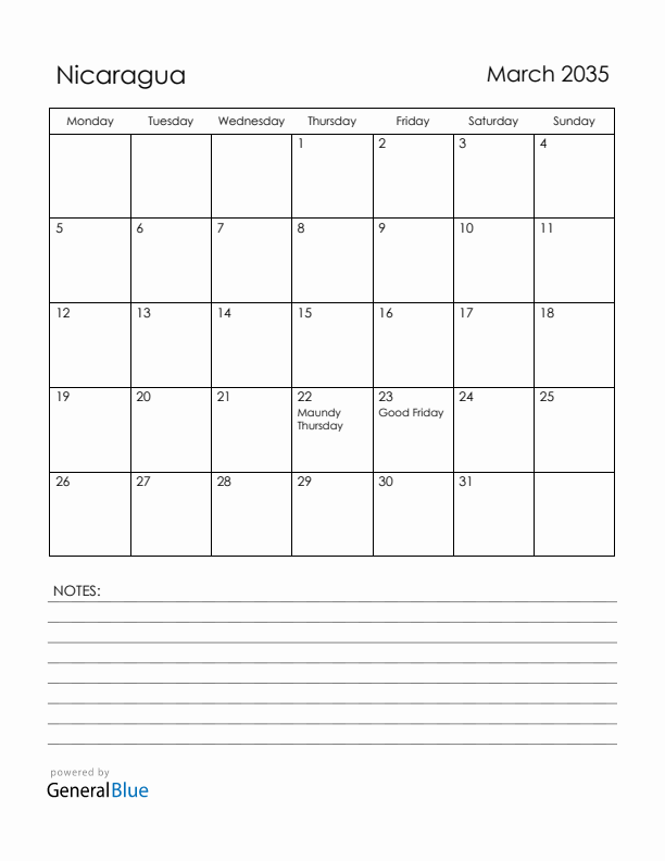 March 2035 Nicaragua Calendar with Holidays (Monday Start)