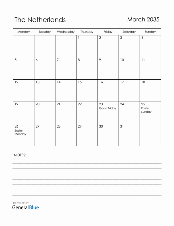 March 2035 The Netherlands Calendar with Holidays (Monday Start)