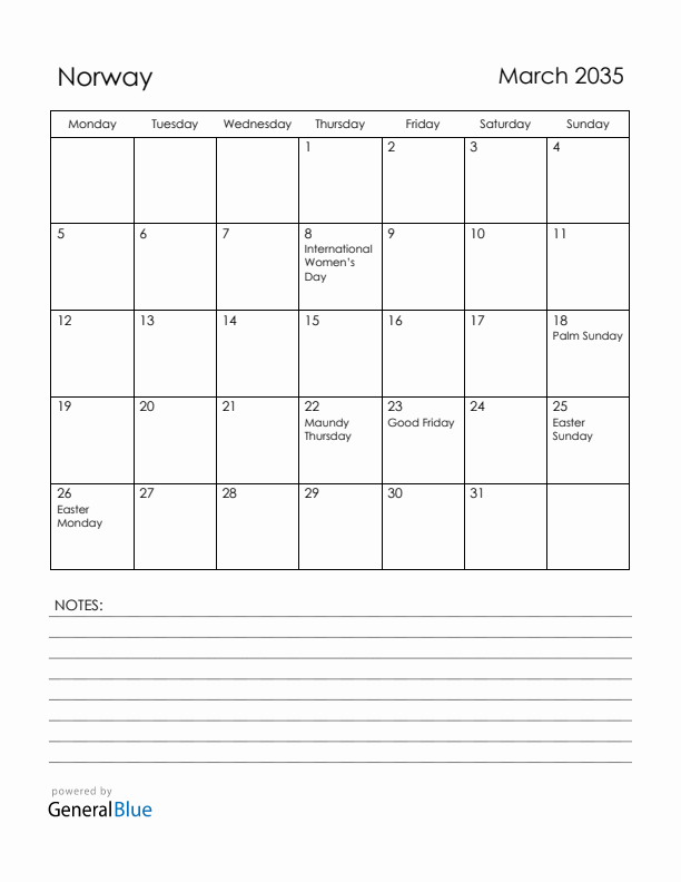 March 2035 Norway Calendar with Holidays (Monday Start)