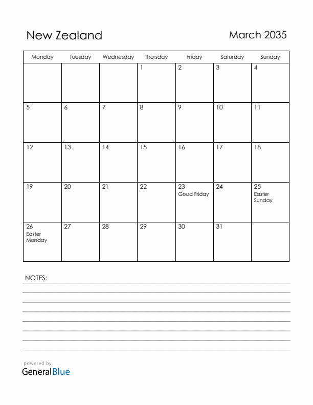 March 2035 New Zealand Calendar with Holidays (Monday Start)
