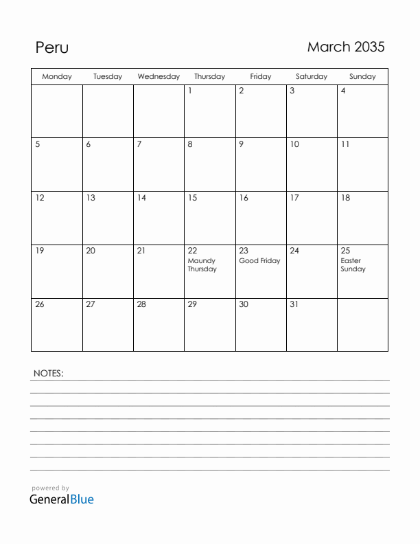 March 2035 Peru Calendar with Holidays (Monday Start)