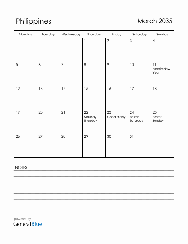 March 2035 Philippines Calendar with Holidays (Monday Start)
