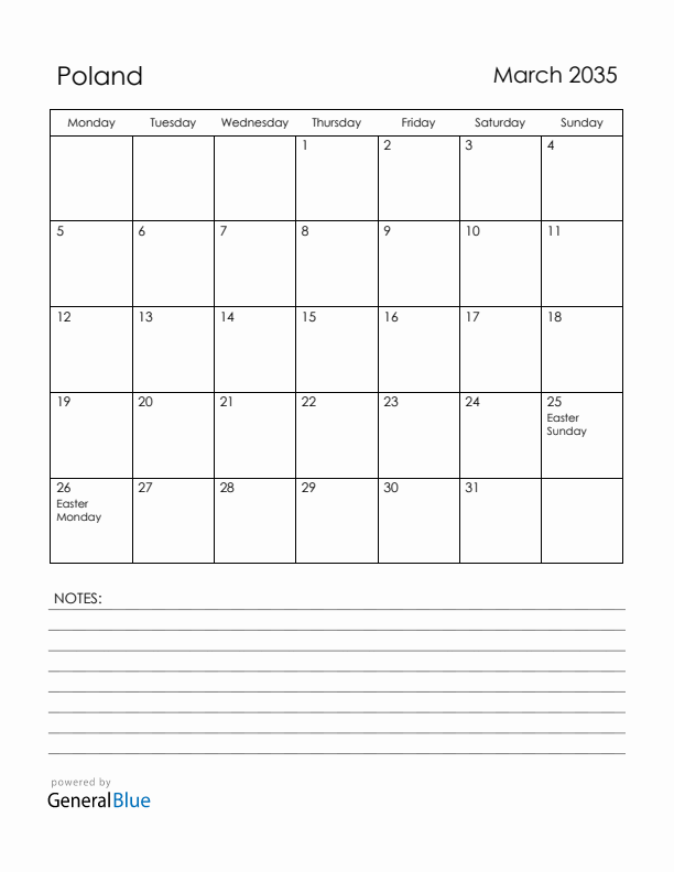 March 2035 Poland Calendar with Holidays (Monday Start)