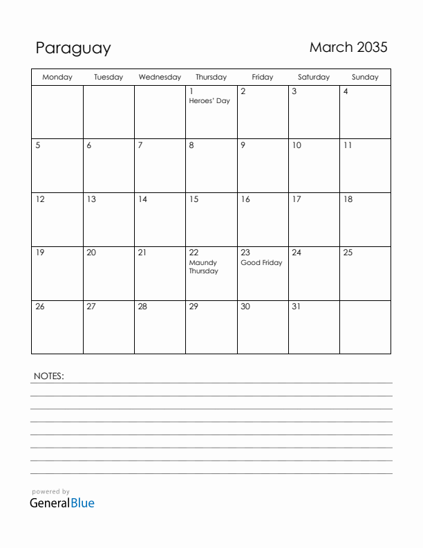 March 2035 Paraguay Calendar with Holidays (Monday Start)