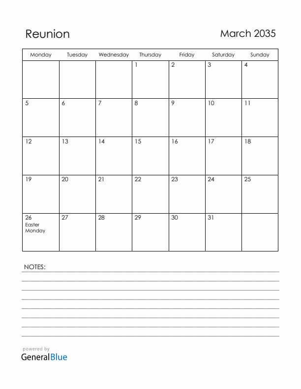 March 2035 Reunion Calendar with Holidays (Monday Start)