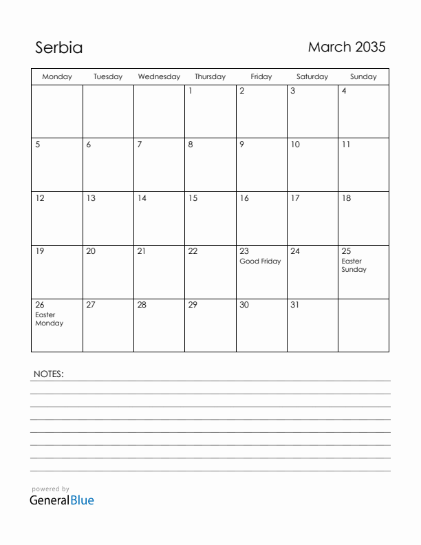 March 2035 Serbia Calendar with Holidays (Monday Start)