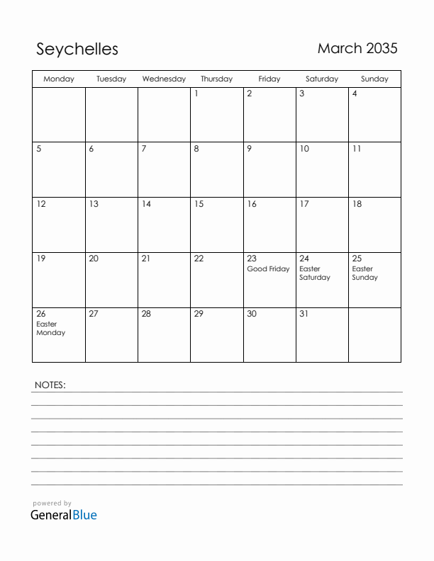 March 2035 Seychelles Calendar with Holidays (Monday Start)