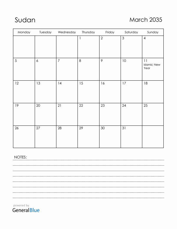 March 2035 Sudan Calendar with Holidays (Monday Start)