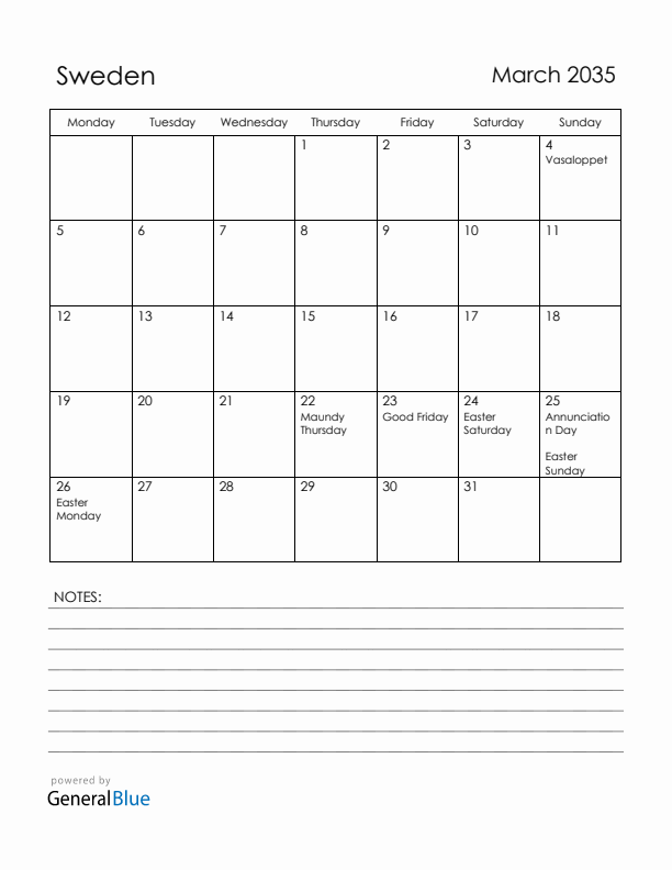 March 2035 Sweden Calendar with Holidays (Monday Start)