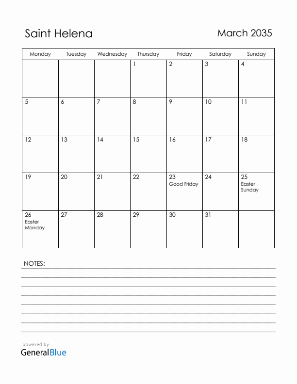 March 2035 Saint Helena Calendar with Holidays (Monday Start)