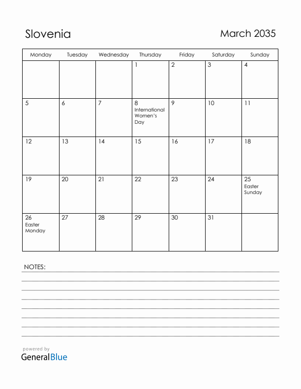March 2035 Slovenia Calendar with Holidays (Monday Start)