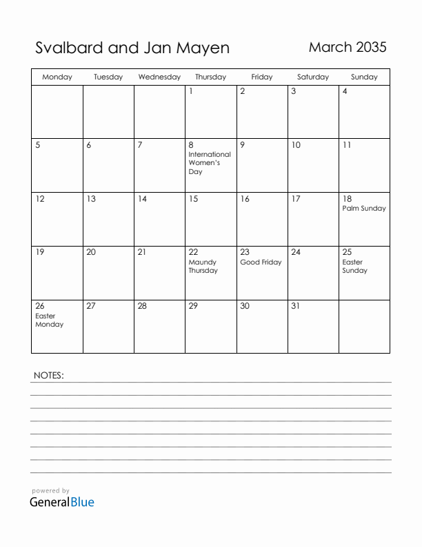 March 2035 Svalbard and Jan Mayen Calendar with Holidays (Monday Start)