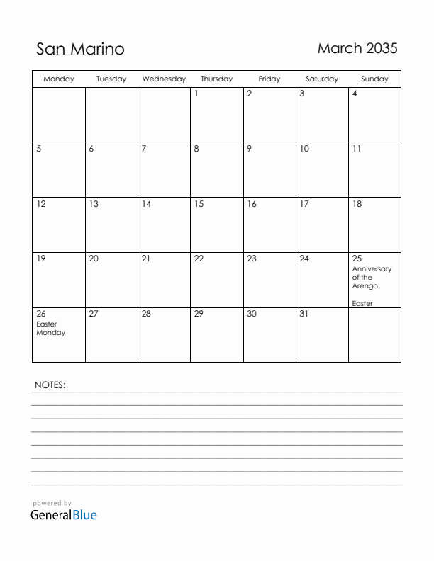 March 2035 San Marino Calendar with Holidays (Monday Start)
