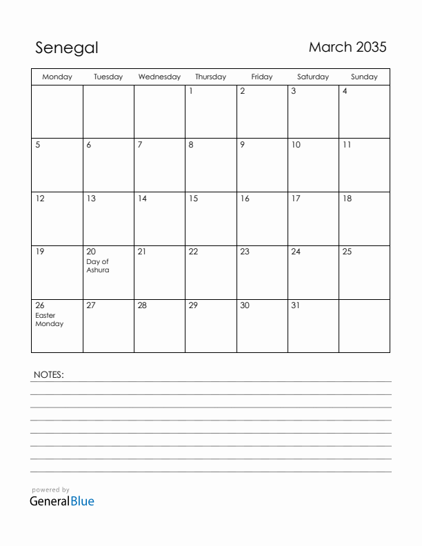 March 2035 Senegal Calendar with Holidays (Monday Start)