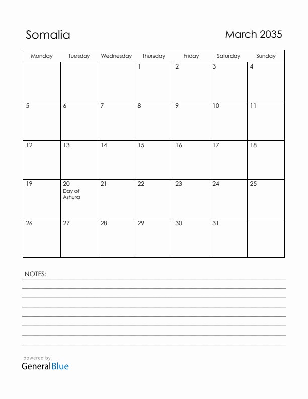 March 2035 Somalia Calendar with Holidays (Monday Start)