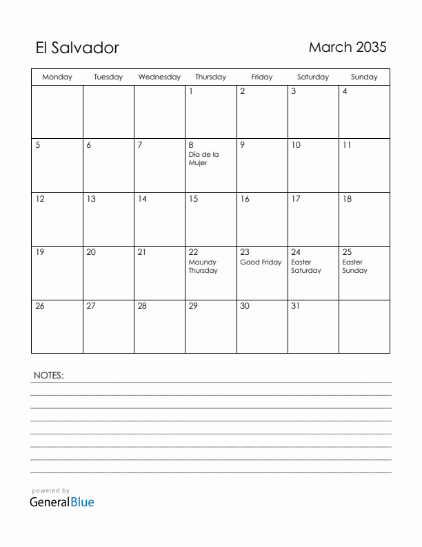 March 2035 El Salvador Calendar with Holidays (Monday Start)