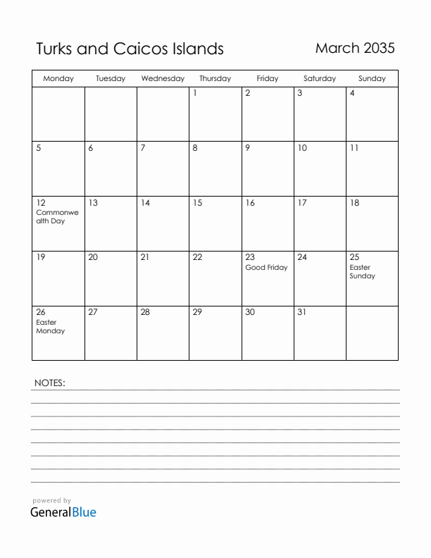 March 2035 Turks and Caicos Islands Calendar with Holidays (Monday Start)