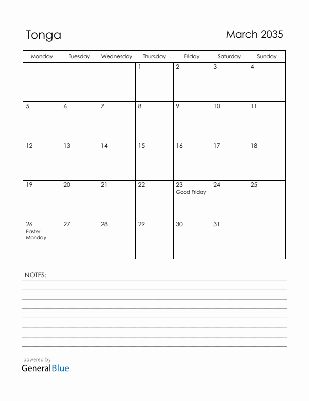 March 2035 Tonga Calendar with Holidays (Monday Start)