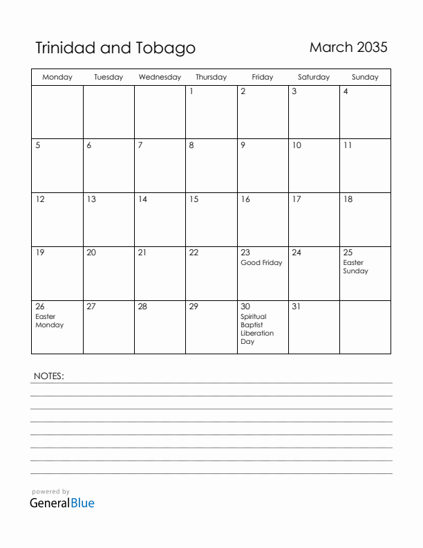 March 2035 Trinidad and Tobago Calendar with Holidays (Monday Start)