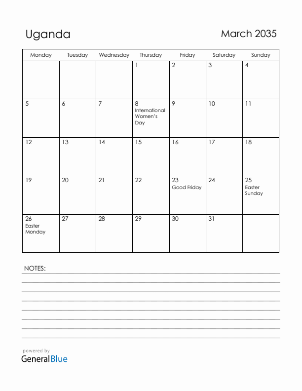 March 2035 Uganda Calendar with Holidays (Monday Start)