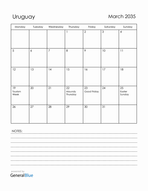 March 2035 Uruguay Calendar with Holidays (Monday Start)