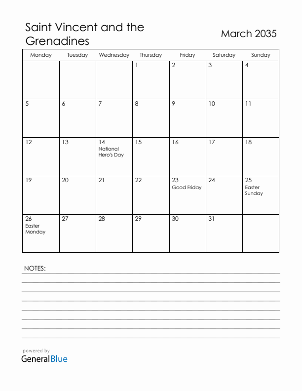 March 2035 Saint Vincent and the Grenadines Calendar with Holidays (Monday Start)