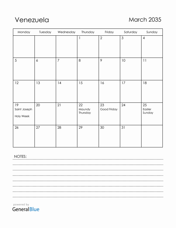 March 2035 Venezuela Calendar with Holidays (Monday Start)