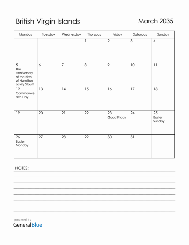 March 2035 British Virgin Islands Calendar with Holidays (Monday Start)