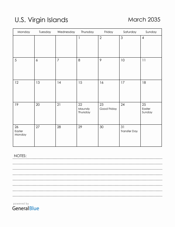 March 2035 U.S. Virgin Islands Calendar with Holidays (Monday Start)