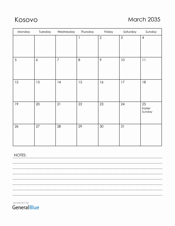 March 2035 Kosovo Calendar with Holidays (Monday Start)