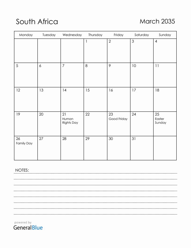 March 2035 South Africa Calendar with Holidays (Monday Start)