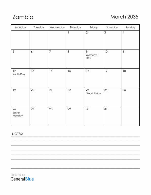 March 2035 Zambia Calendar with Holidays (Monday Start)