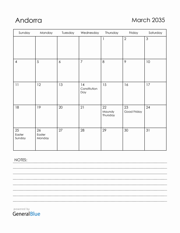 March 2035 Andorra Calendar with Holidays (Sunday Start)