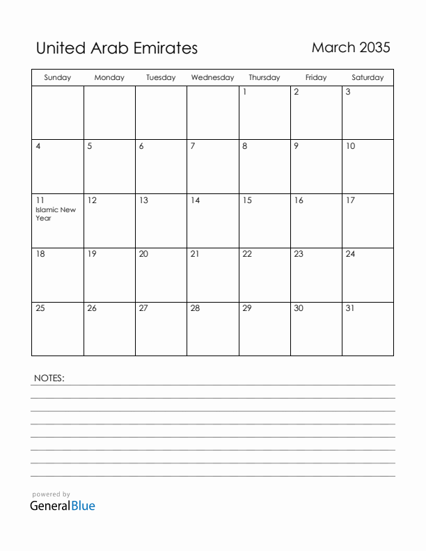 March 2035 United Arab Emirates Calendar with Holidays (Sunday Start)